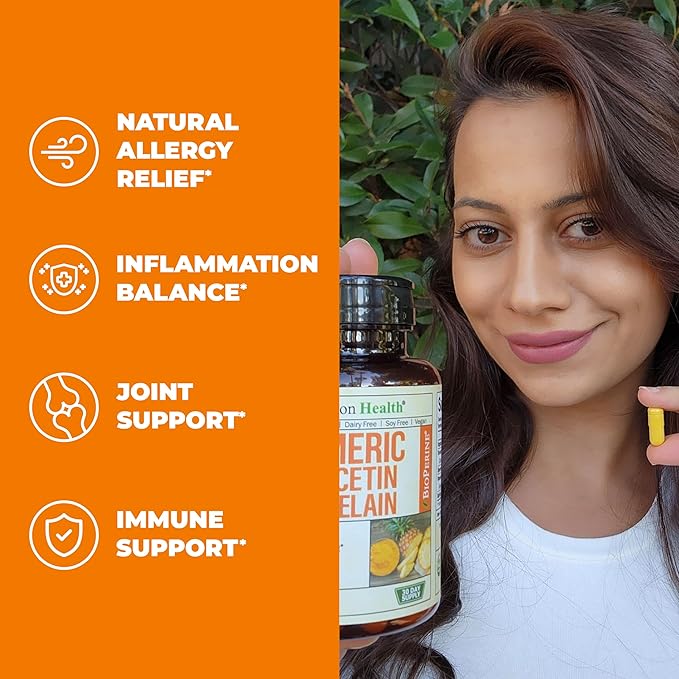 Quercetin with Bromelain Turmeric Supplement - Quercetin 500mg Capsules with Curcumin & Bromelain powder for Allergy & Joint Support. Turmeric Curcumin Bromelain Supplement. 60 Vegan Tumeric Capsules