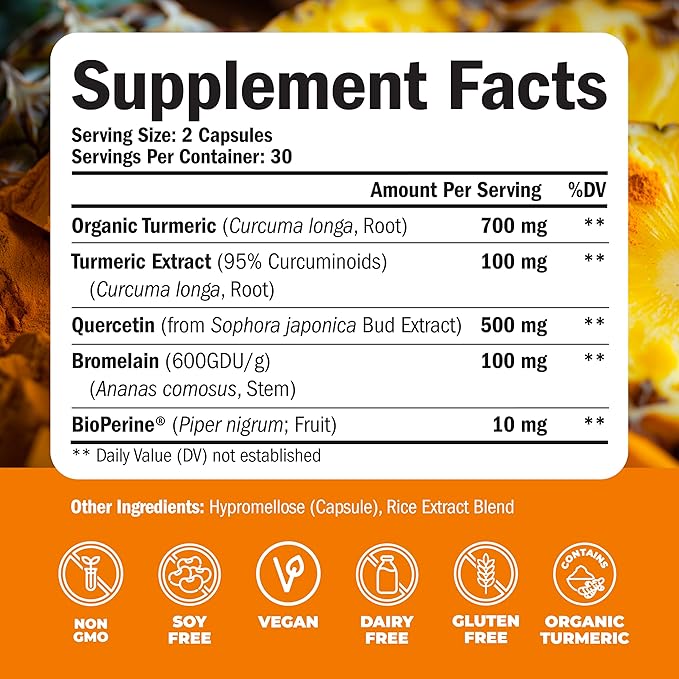Quercetin with Bromelain Turmeric Supplement - Quercetin 500mg Capsules with Curcumin & Bromelain powder for Allergy & Joint Support. Turmeric Curcumin Bromelain Supplement. 60 Vegan Tumeric Capsules