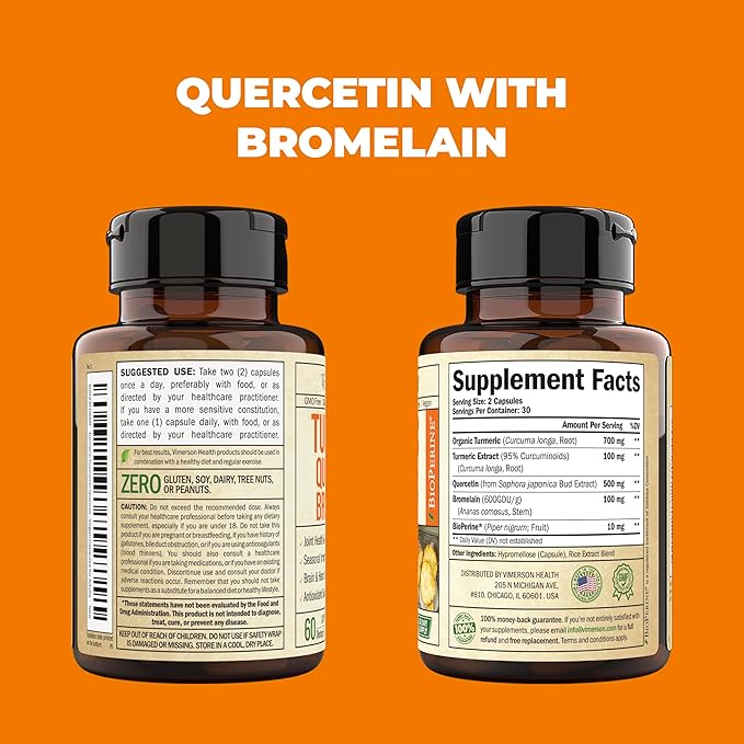 Quercetin with Bromelain Turmeric Supplement - Quercetin 500mg Capsules with Curcumin & Bromelain powder for Allergy & Joint Support. Turmeric Curcumin Bromelain Supplement. 60 Vegan Tumeric Capsules